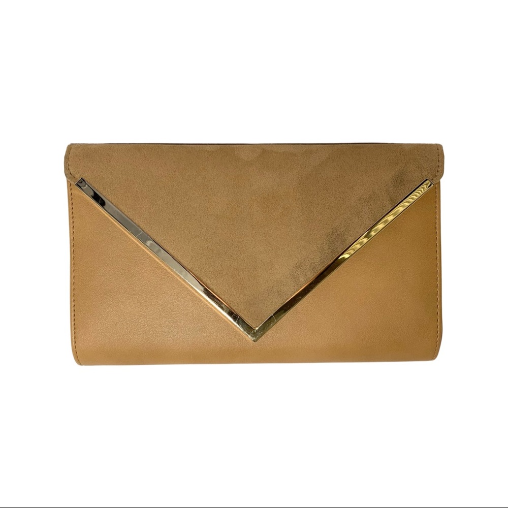 Tan Envelope Clutch with Gold Trim